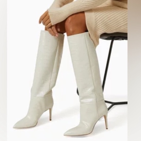 PARIS TEXAS Embossed Croco Bone China Cream Tall Stiletto Boots - Picture 16 of 16